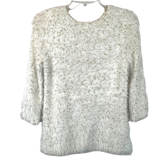 Chico's Sweater  Women's S  Scoop Neck Fuzzy 3/4-Sleeve  Ivory & Gold Metallic - Picture 2 of 6